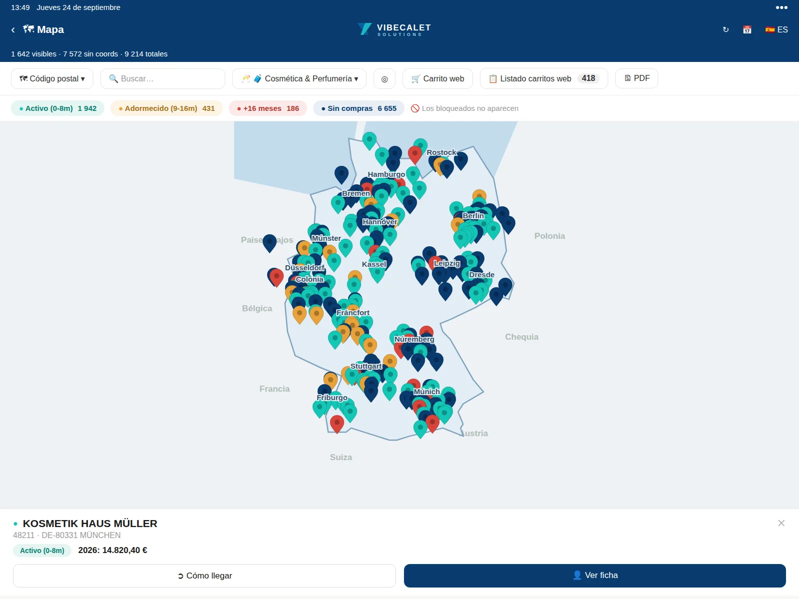 Mapa de clientes geolocalizados por estado de compra