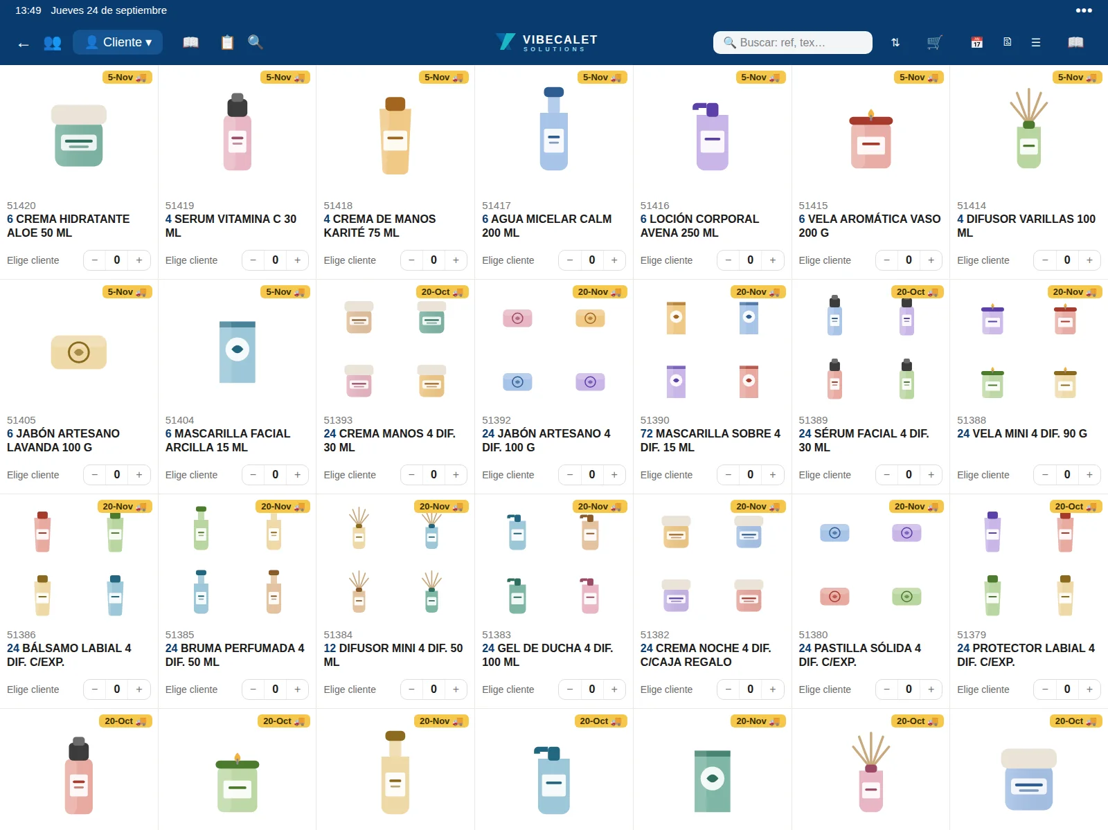 CRM comercial 360 en iPad: catálogo con productos, fechas de servicio y cantidades